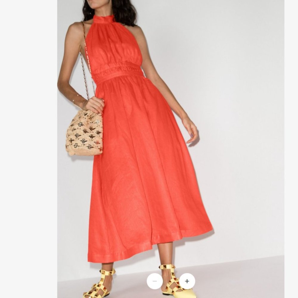 ZIMMERMANN Shelly Halterneck Linen Midi Dress - Size 0  / 4 US